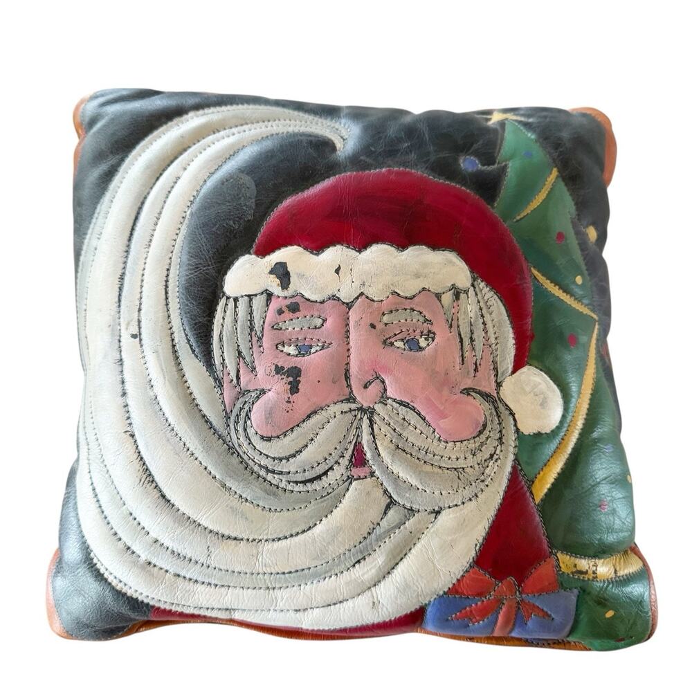 Hand Painted Leather Suede Santa Throw Pillow 12” Christmas